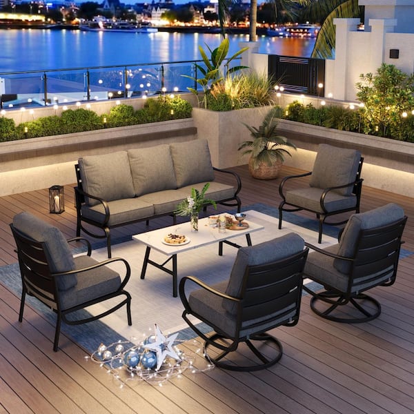 PHI VILLA Metal Slatted 7-Seat 6-Piece Outdoor Patio Conversation Set with Gray Cushions, Table with Marble Pattern Top