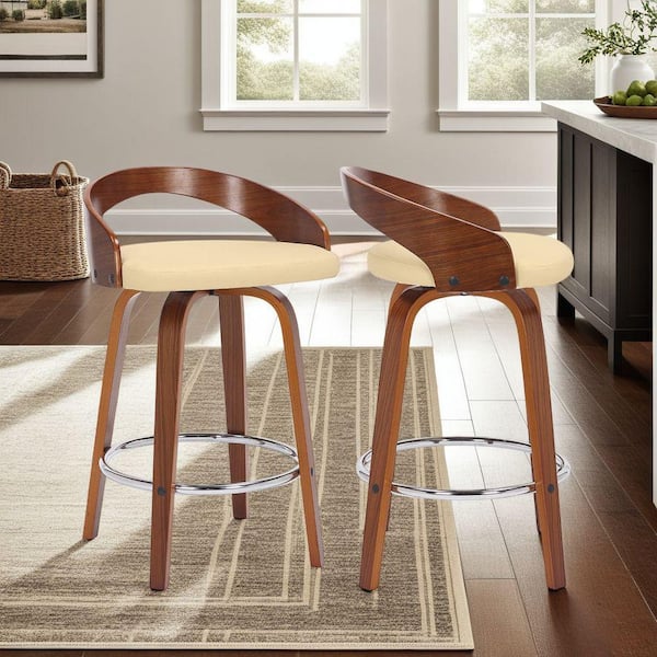 Sonia 31 in. H Cream Low Back Wood Bar Stool with Faux Leather Seat (Set of 2)
