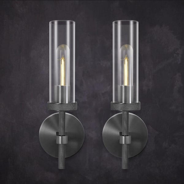 14.37 in. 1-Light Dimmable LED Black Wall Sconce, Glass Tube Wall Light for Bathroom Vanity, Mirror, Bedroom (2 Pieces)