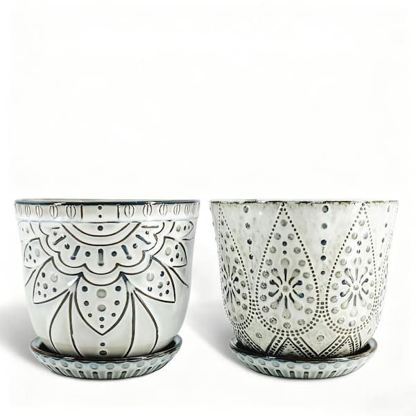 6 in. Round Beaded Ceramic Planter with Drainage Hole and Saucer for Indoor Outdoor Decor, Smoked Gray (2-pack)