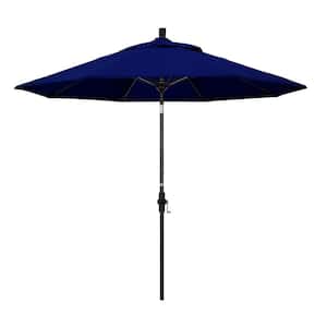 9 ft. Matted Black Aluminum Collar Tilt Crank Lift Market Patio Umbrella in True Blue Sunbrella
