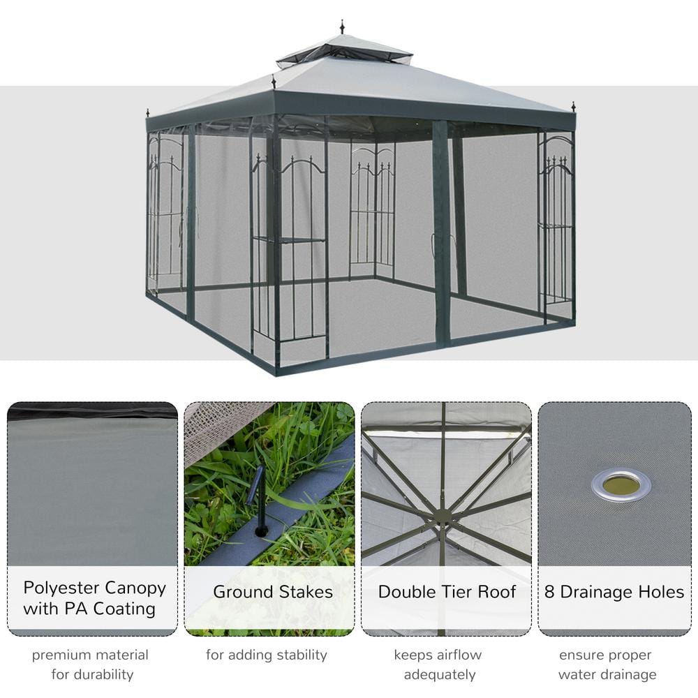 Gray Steel Outdoor Patio Gazebo Canopy with Mesh Curtains and Shelves