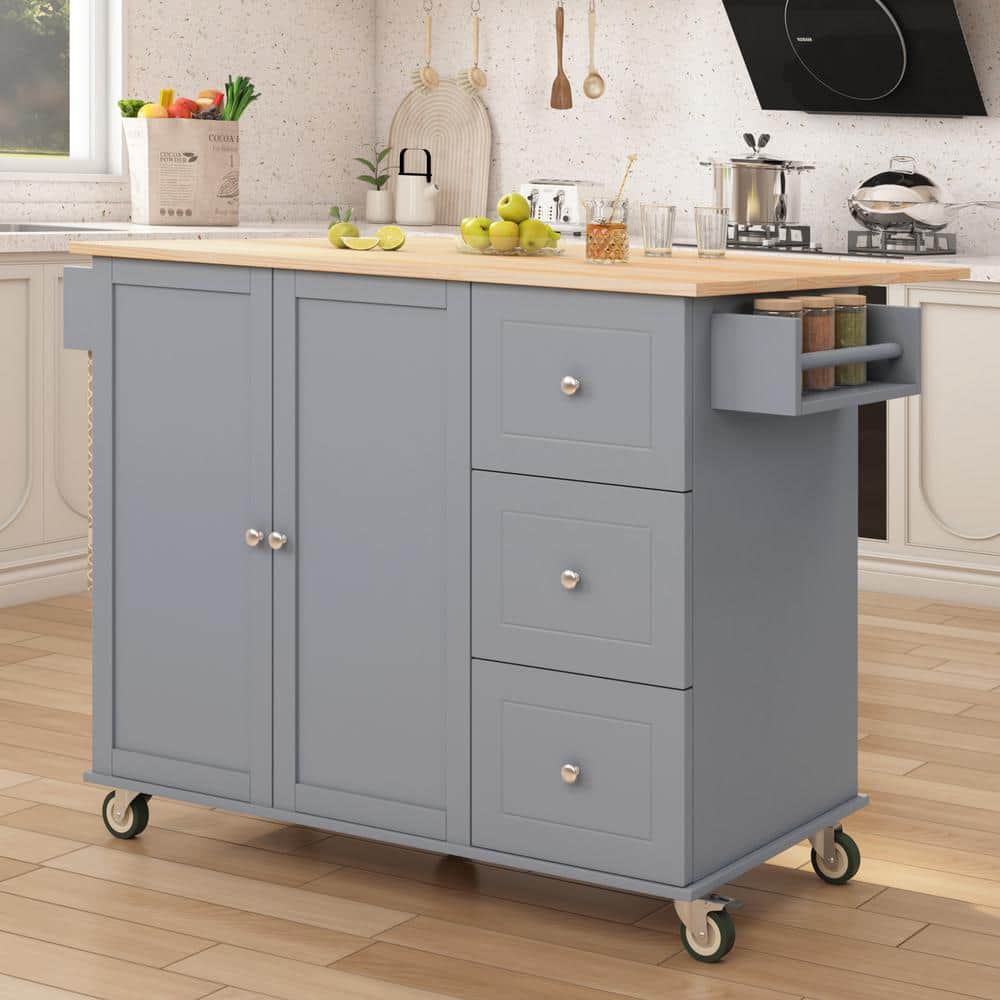 FAMYYT Gray Blue Drop Leaf Rubberwood Countertop 53 in. Kitchen Island with Adjustable Shelves