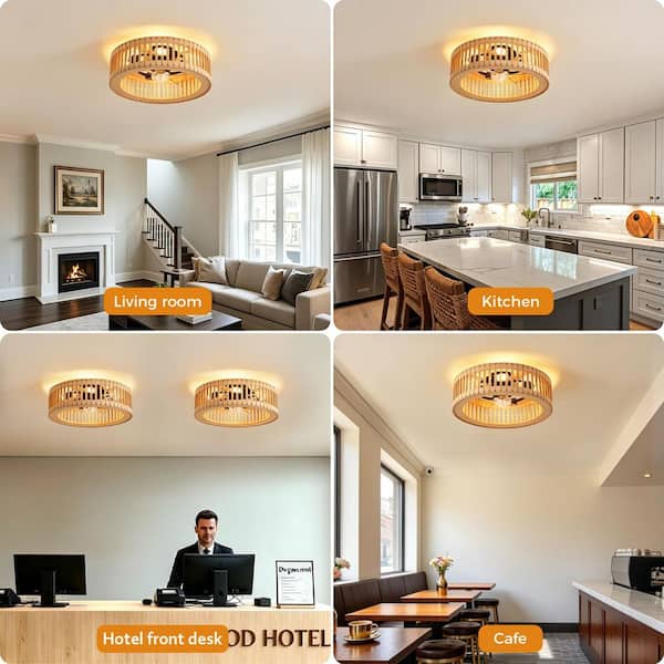 JUSHENG 20 in. Natural Wood Style Caged Flush Mount Ceiling Fan