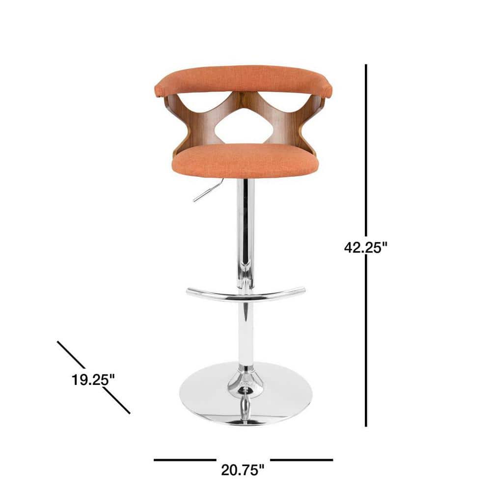Walnut and Orange Leather Swivel Adjustable Barstool
