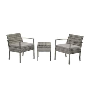 3-Piece Gray PE Rattan Wicker Patio Outdoor Bistro Set with Beige Cushions