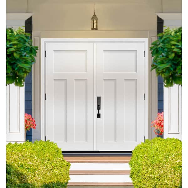 Legacy 64 in. x 80 in. 3 Panel Craftsman LHOS Unfinished White Fiberglass Double Prehung Front Door with 4-9/16 Jamb