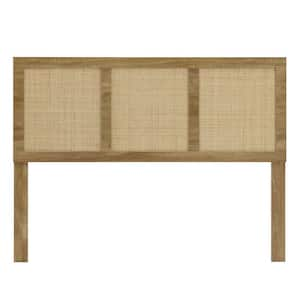 Brown Oak Finish Queen Headboard with Rattan Panels