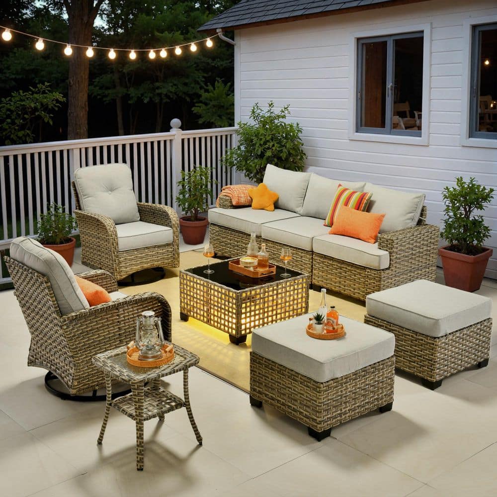 Tiberte Gray 9-Piece Wicker Outdoor Sectional Set with Gray Cushions and Solar LED Coffee Table price history on PriceWatchPro