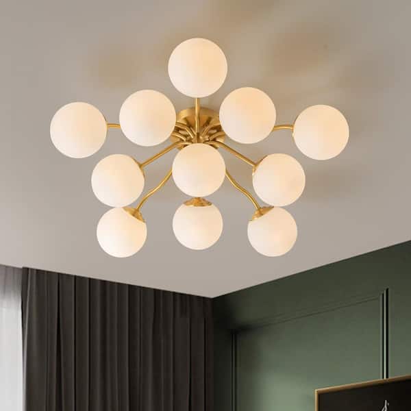 HUOKU Ceder 11-Light 30.7 in. Brass Sputnik Semi-Flush Mount  Chandelier with Opal Glass Shade Cluster Ceiling Light