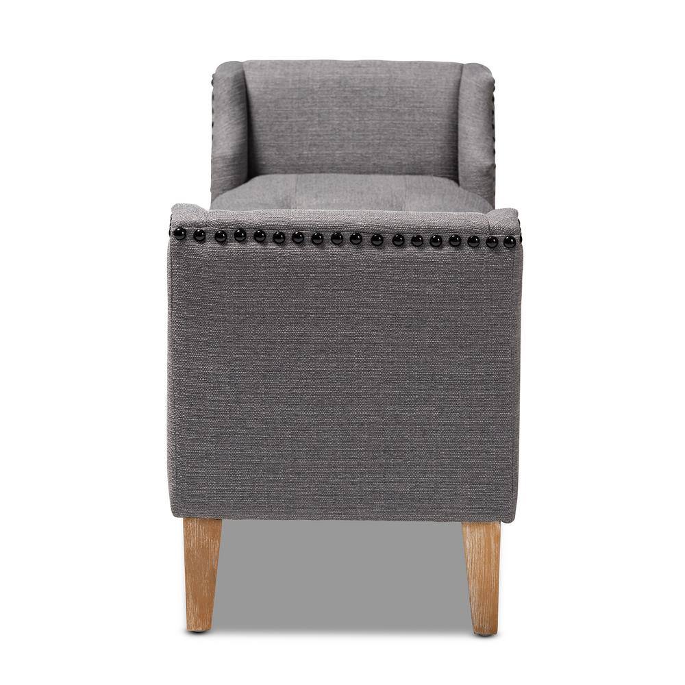 Gray Linen Upholstered Oak Wood Bench with Tapered Legs