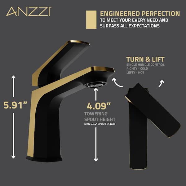 Single-Handle Single-Hole Bathroom Faucet with Pop-Up Drain in Matte Black and Brushed Gold