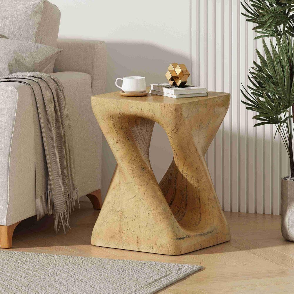 Natural tan twisted square side table in a living room setting.
