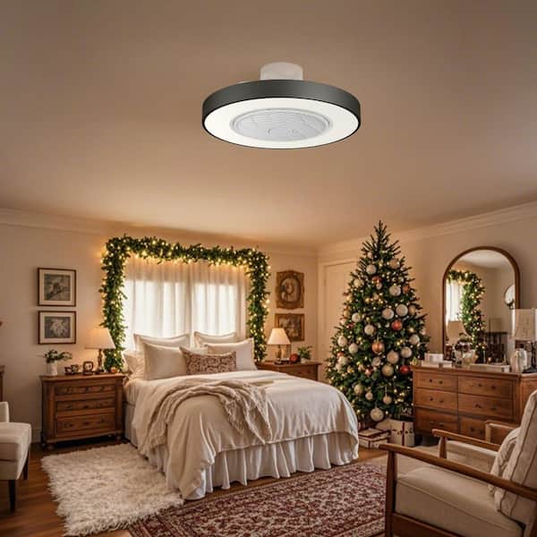 21 in. Integrated LED Indoor Modern Black Round Style Enclosed Flush Mount Ceiling Fan Light with Remote Control