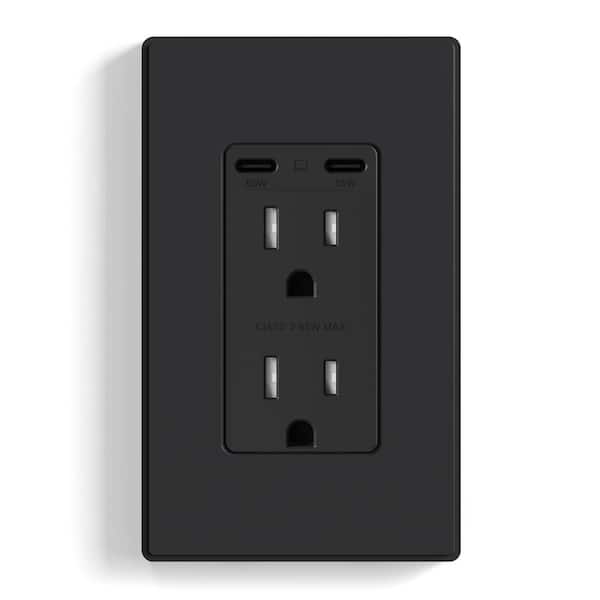 ELEGRP 65-Watt Dual USB C Outlet for Laptop Power Delivery 15 Amp Wall Outlet with USB C Ports with Wall Plate (1-Pack, Black)