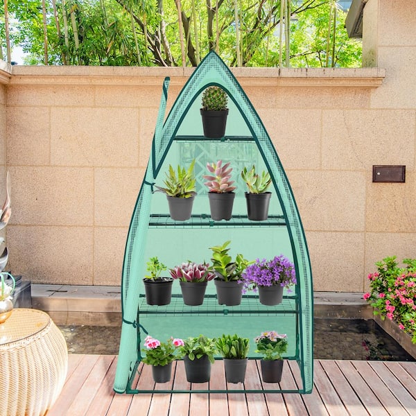 35.4 in. W x 17.7 in. D x 63 in. H 4-Tier Mini Portable Peak Roof Greenhouse with Shelves, Roll-up Zipper Door, Green