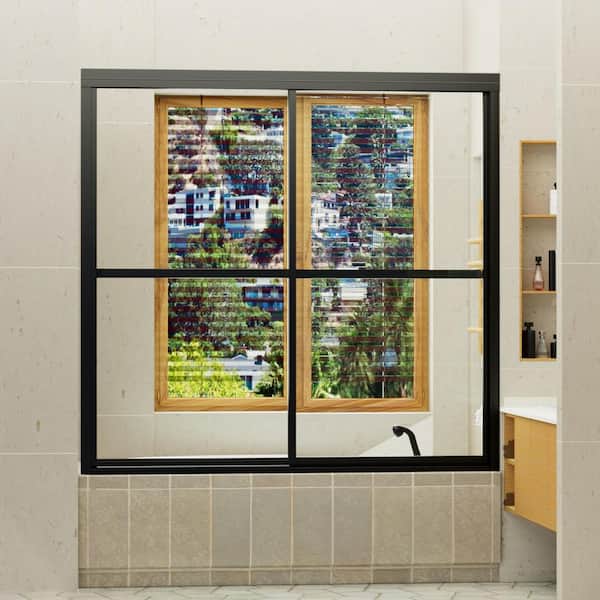 Nivorix Cleo 59 in. W x 56 in. H Sliding Framed Tub Door in Matte Black Finish with Clear Tempered Glass