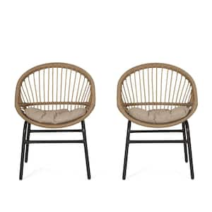 Modern Powder-Coated Metal Outdoor Dining Chair with Polyethylene Wicker and Curved Backrests in Beige Cushions (2-Pack)