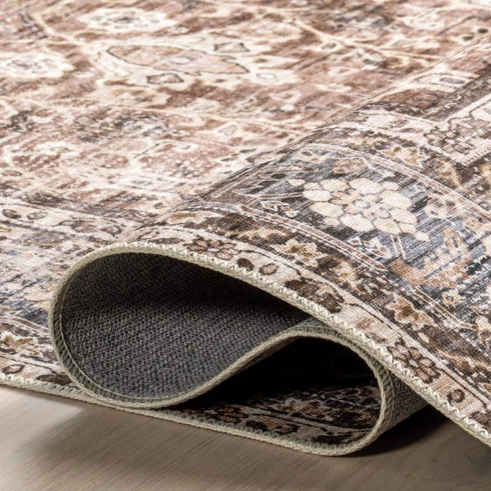 Freesia Brown and Blue Floral 8' x 10' Washable Area Rug