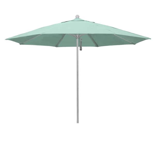 11 ft. Grey Woodgrain Aluminum Market Patio Umbrella with Fiberglass Ribs Pulley Lift in Spectrum Mist Sunbrella