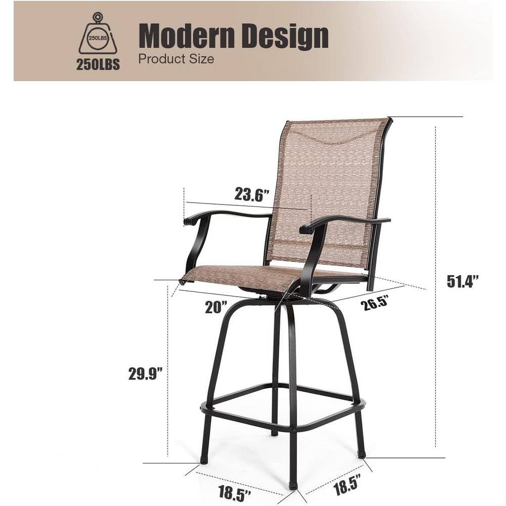 Measurement diagram for a brown swivel metal outdoor bar stool.