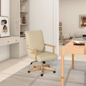 Dumont Cream Beige Leather and Natural Wood Modern Farmhouse High Back Leather Executive Home Office Chair