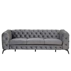 85.5 in. Square Arm Velvet Rectangle Sofa with Sturdy Metal Legs in Gray