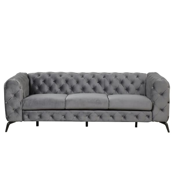 Polibi 85.5 in. Square Arm Velvet Rectangle Sofa with Sturdy Metal Legs in Gray