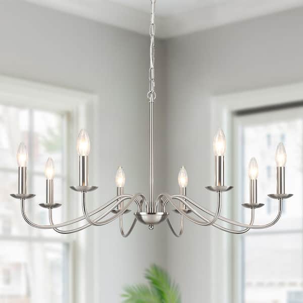 LWYTJO Aretzy 8-Light Nickel Dimmable Classic Candle Rustic Linear Farmhouse Chandelier for Kitchen Island Living Dinning Room