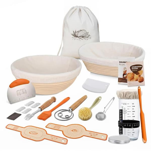 Sourdough Starter Kit w/ 9 in. Round, 10 in. Oval Banneton Baskets, Glass Jar Baking Tools Set for Homemade Bread Making