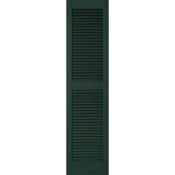 Ekena Millwork 18 in. x 60 in. Lifetime Vinyl Custom Straight Top Center Mullion Open Louvered Shutters Pair Midnight Green