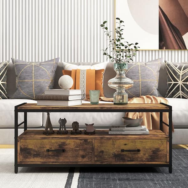 HONEY JOY 41.5 in. Brown Rectangle Wood Coffee Table w/Storage Drawers And Shelf Tea Table Heavy-duty Center Cocktail Table