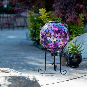 Outdoor Solar Powered Pink Glass Mosaic Gazing Globe with LED Lights and Metal Stand, Violet