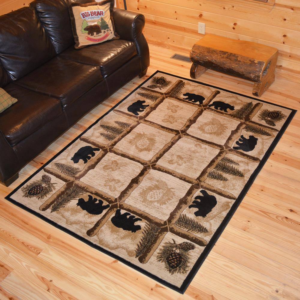 Rustic Bear and Pinecone Oval 4' x 6' Polypropylene Area Rug