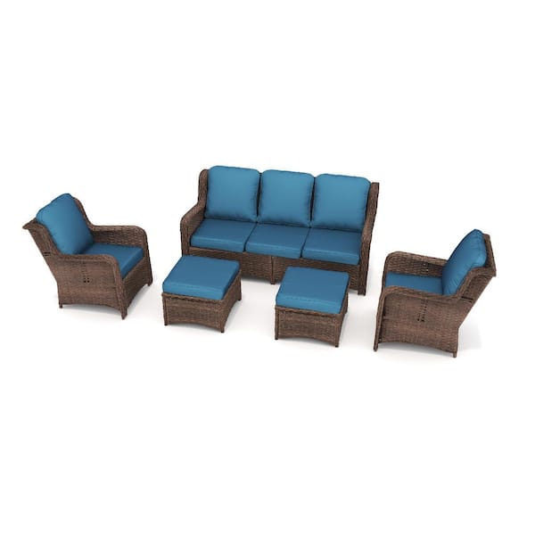 Unbranded Brown 5-Piece Wicker Outdoor Patio Conversation Sectional Seating Set with Peacock Blue Cushions for Balcony, Garden