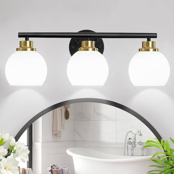 ZSMIHDOH 20 in. 3-Light Black and Gold Vanity Light with White Frosted Glass Shades