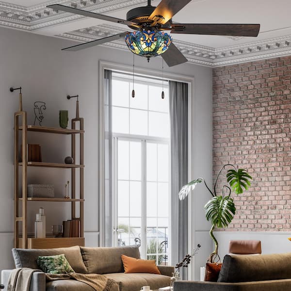 Halston 52 in. 3-Light Oil Rubbed Bronze Tiffany Stained Glass Ceiling Fan with Light Kit
