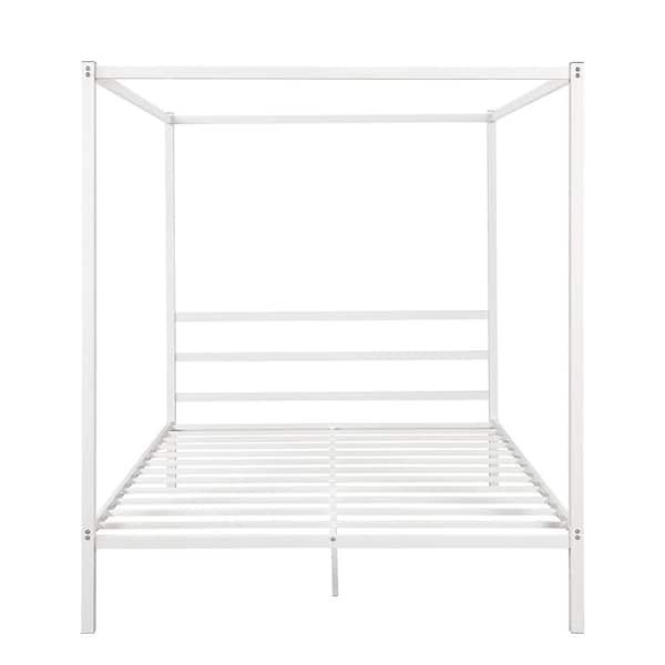 Z-joyee 83.5 in. White Queen Size Metal Framed Canopy Platform Bed with Built in Headboard