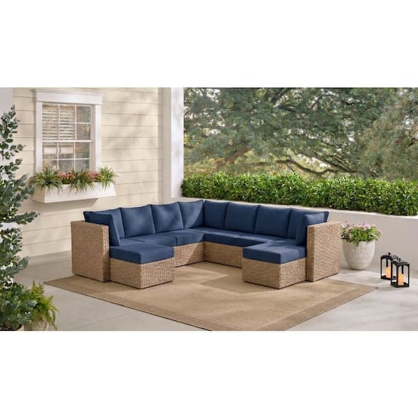 Crystal Ridge Wicker Outdoor 9-Piece Modular Sectional Sofa Set with Navy CushionGuard Cushions