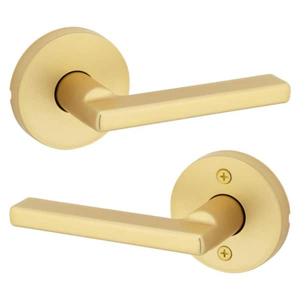 Kwikset Halifax Satin Brass Round Hall Closet Door Handle Featuring Microban Antimicrobial Protection