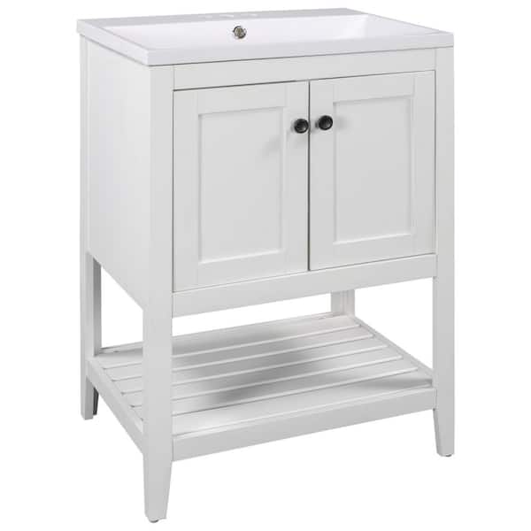 MYCASS OSS 24 in. W x 17 in. D x 33 in. H Freestanding Bath Vanity in White with Open Style Shelf White Ceramic Sink Top