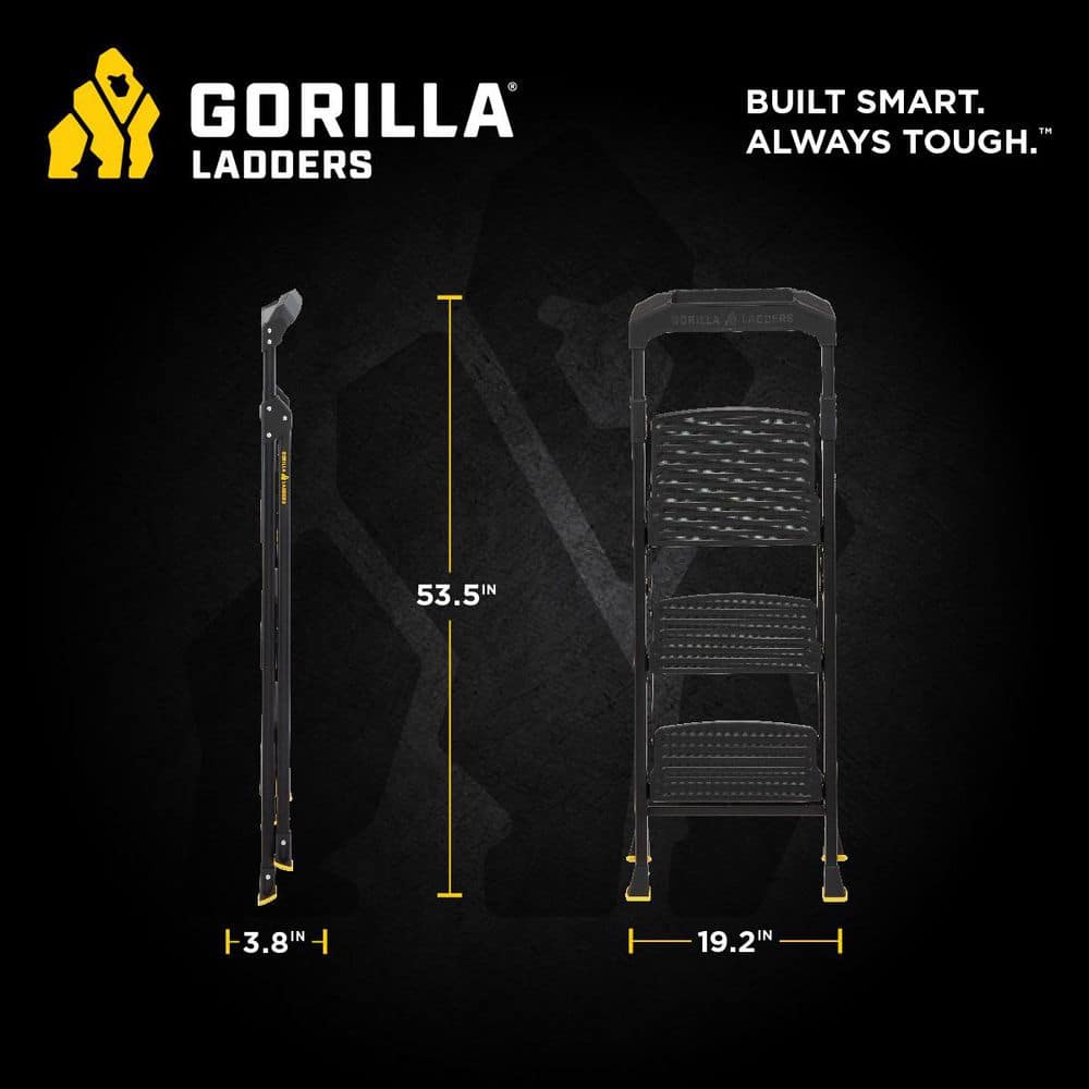 3-Step Black Steel Step Stool with Non-Slip Treads