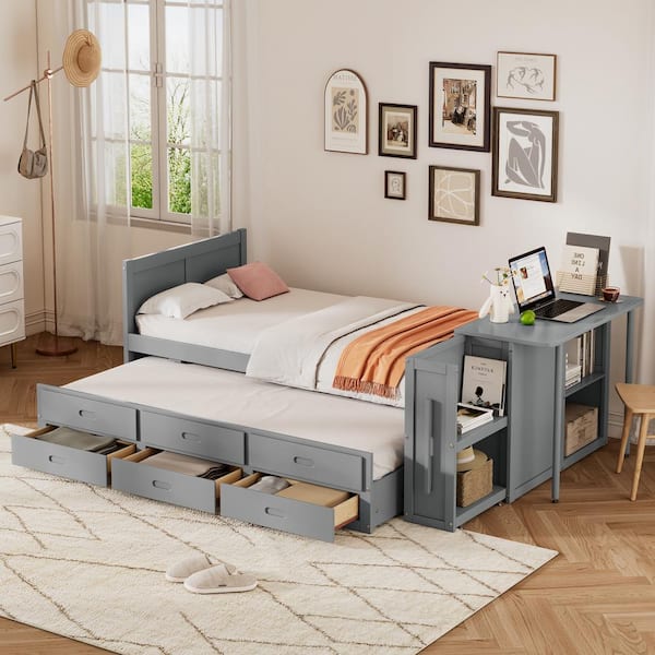 Harper & Bright Designs Gray Twin Size Multifunctional Platform Bed with Trundle, 3 Drawers, Desk and Storage Shelf