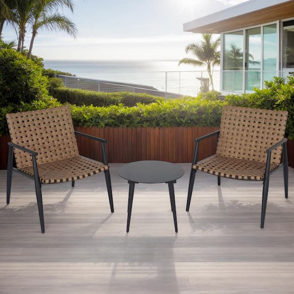 3 Piece Modern Metal Patio Conversation Set with PE Rattan Chairs and Tempered Glass Side Table
