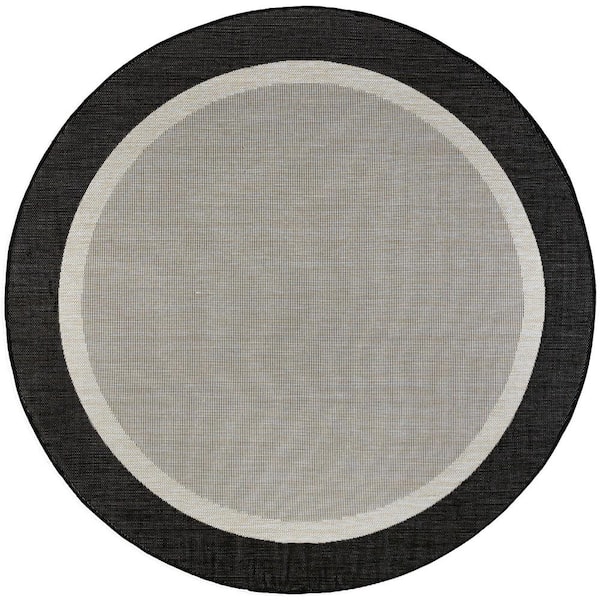 Tayse Rugs Eco Solid Border Black 6 ft. Round Indoor/Outdoor Area Rug
