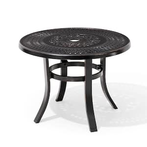 Black Round Cast Aluminum Outdoor Side Table with Umbrella Hole