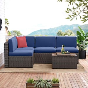 5-Piece Wicker Patio Conversation Set with Blue Cushions Outdoor Sectional Sofa Set with Coffee Table