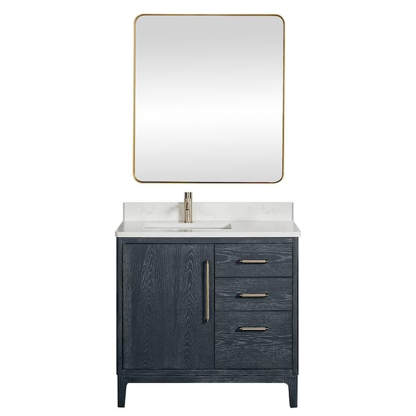 ROSWELL Gara 36 in. W x 22 in. D x 33.9 in. H Single Sink Bath Vanity in Blue with White Grain Composite Stone Top and Mirror