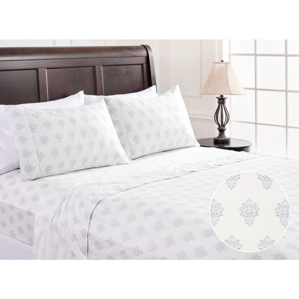 4-Piece Victorian Damask White Pattern Print Microfiber Bedsheets Set, Queen price history on PriceWatchPro