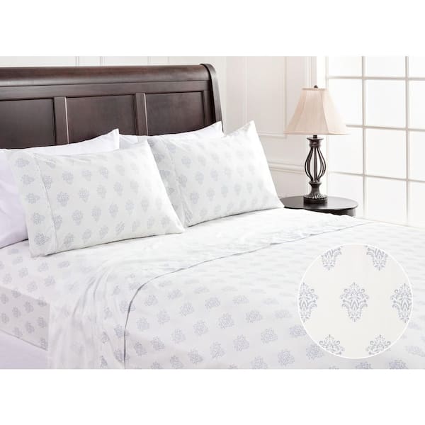 CHANASYA 4-Piece Victorian Damask White Pattern Print Microfiber Bedsheets Set, Queen